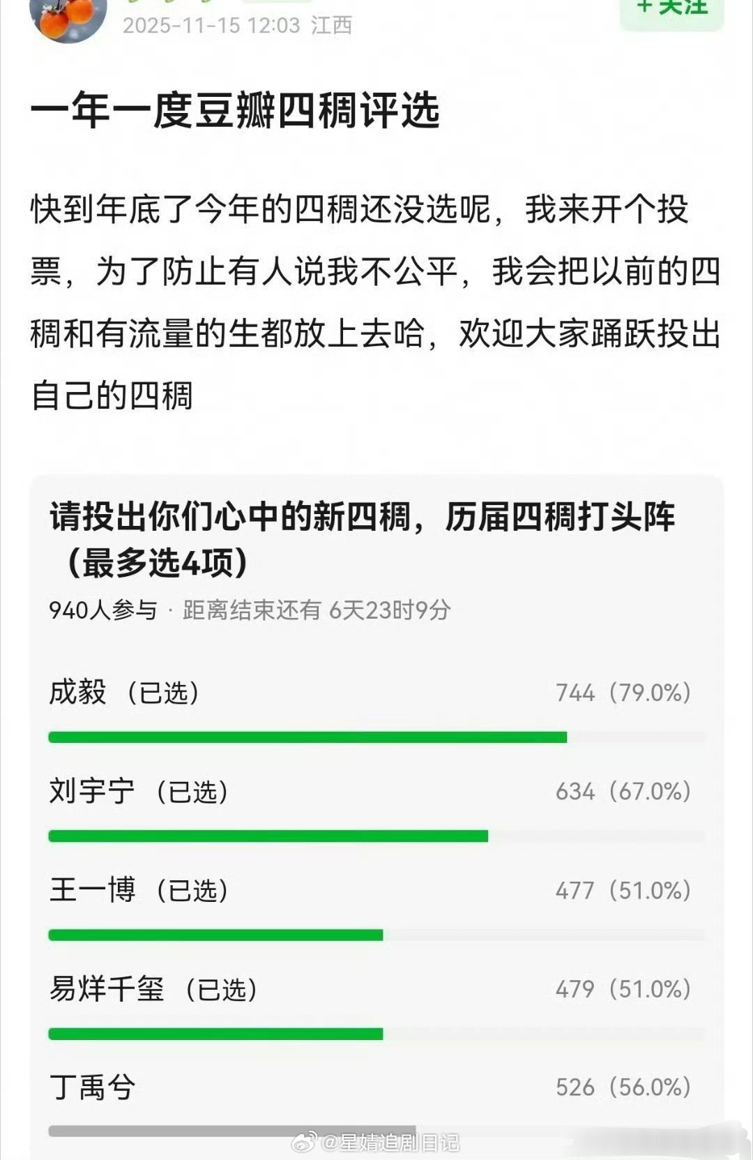 内娱四大普男其实普男不太准确，看看豆瓣每年的四大瞅男评选结果。成毅年年上榜