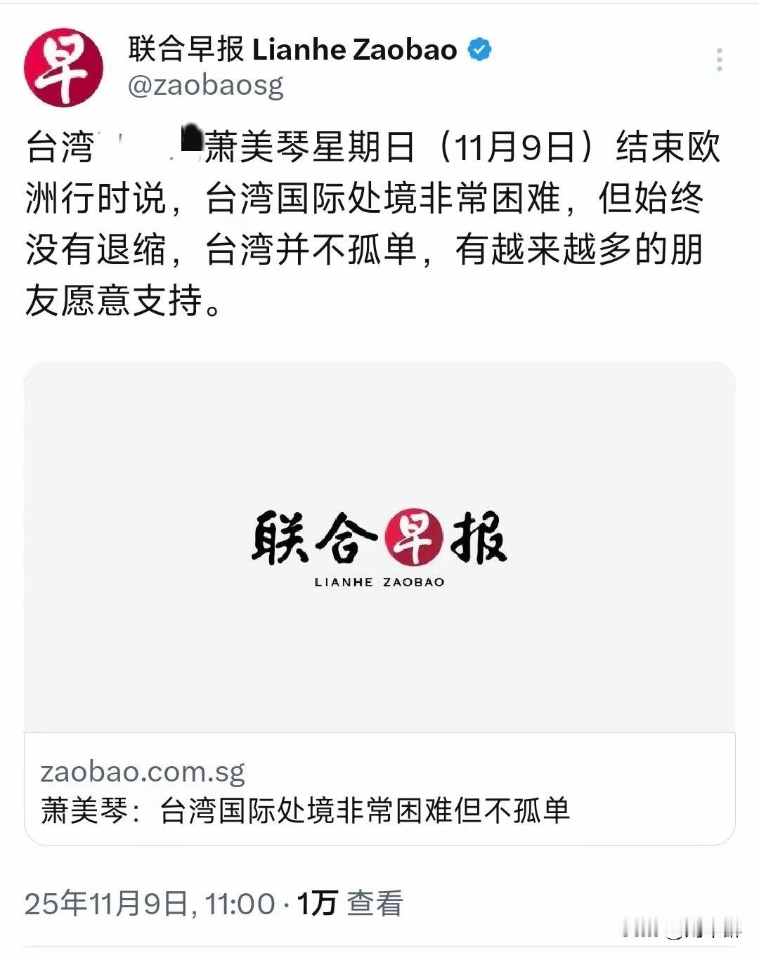 新加坡联合早报今日报道：“台湾地区副领导人萧美琴星期日（11月9日）结束欧洲行时
