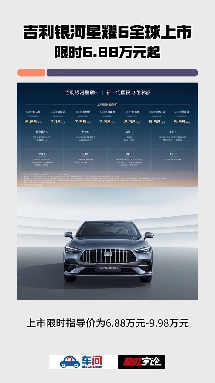 吉利银河星耀6全球上市，限时6.88万元起。
10月30日，新一代国民电混家轿吉