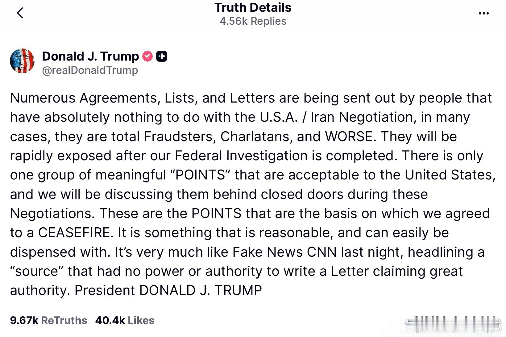 【特朗普提醒公众警惕来自小道消息和虚假新闻的谎言】目前，许多与美伊谈判毫无关联的