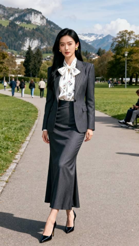 穿搭：灰色条纹西装+灰色毛尼半身长裙。衣服穿搭 美女壁纸