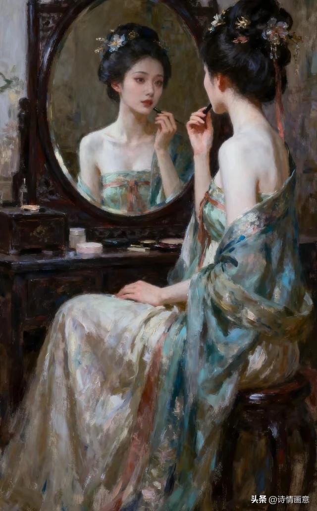 对镜匀唇理鬓云，
罗衣轻曳暗香闻。
妆成未语先凝睇，
闭月羞花亦芳芬。