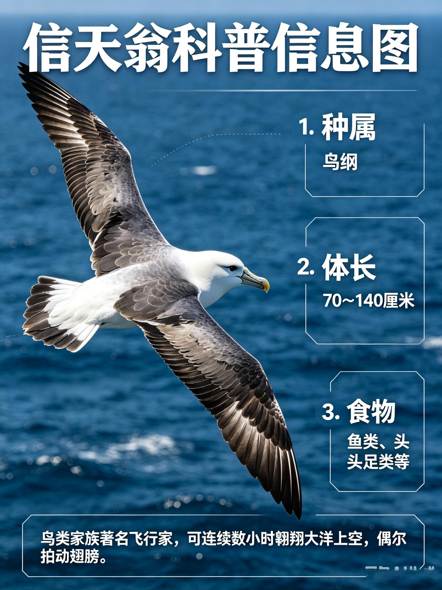 海洋朋友圈 信天翁海洋档案种　属：鸟纲体　长：70～140厘米食　物：鱼类、头足