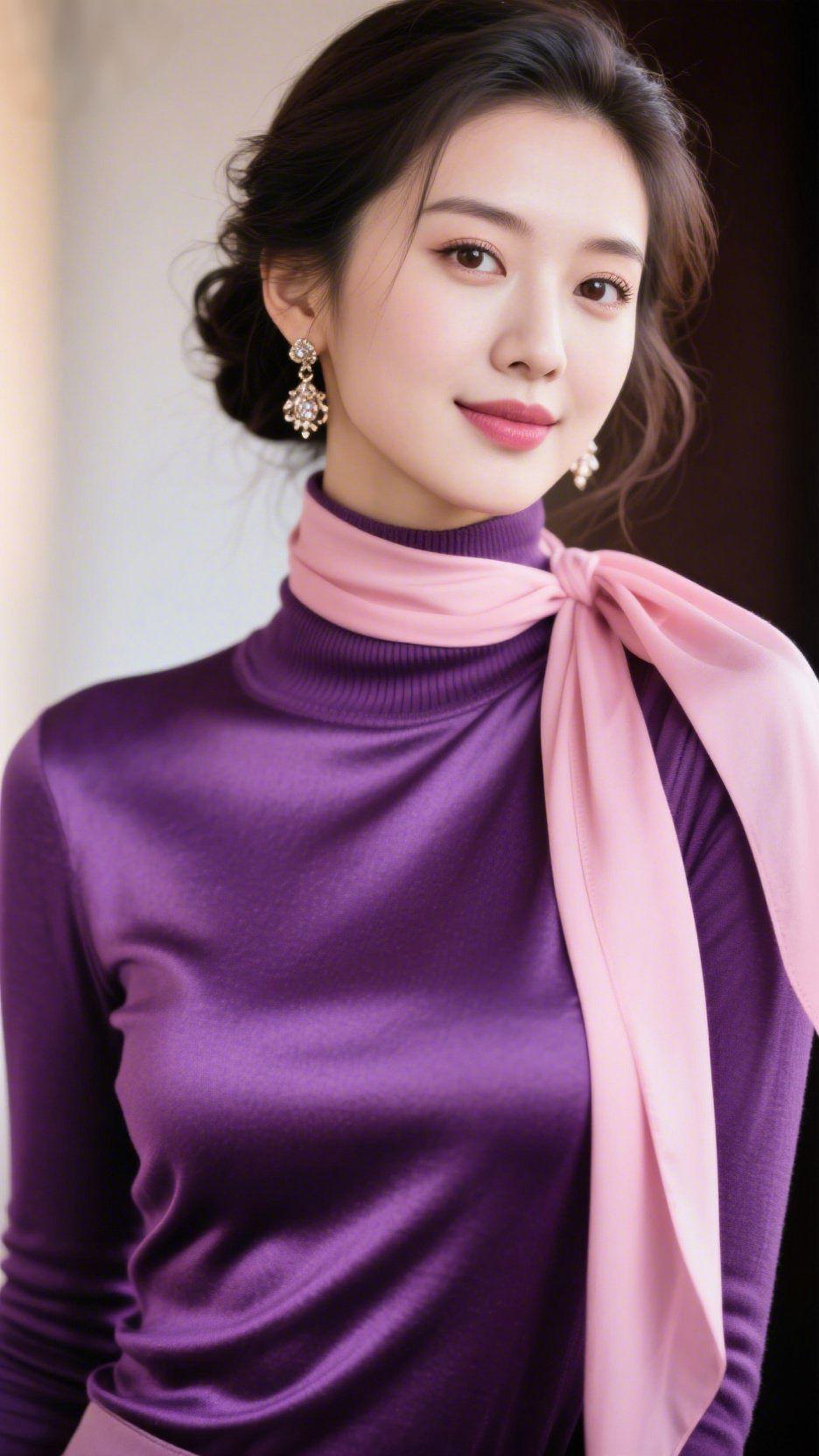 紫衫粉巾，从容自成
 
紫色高领衫泛着温润的光泽，沉静又雅致，似将暮色的温柔织入