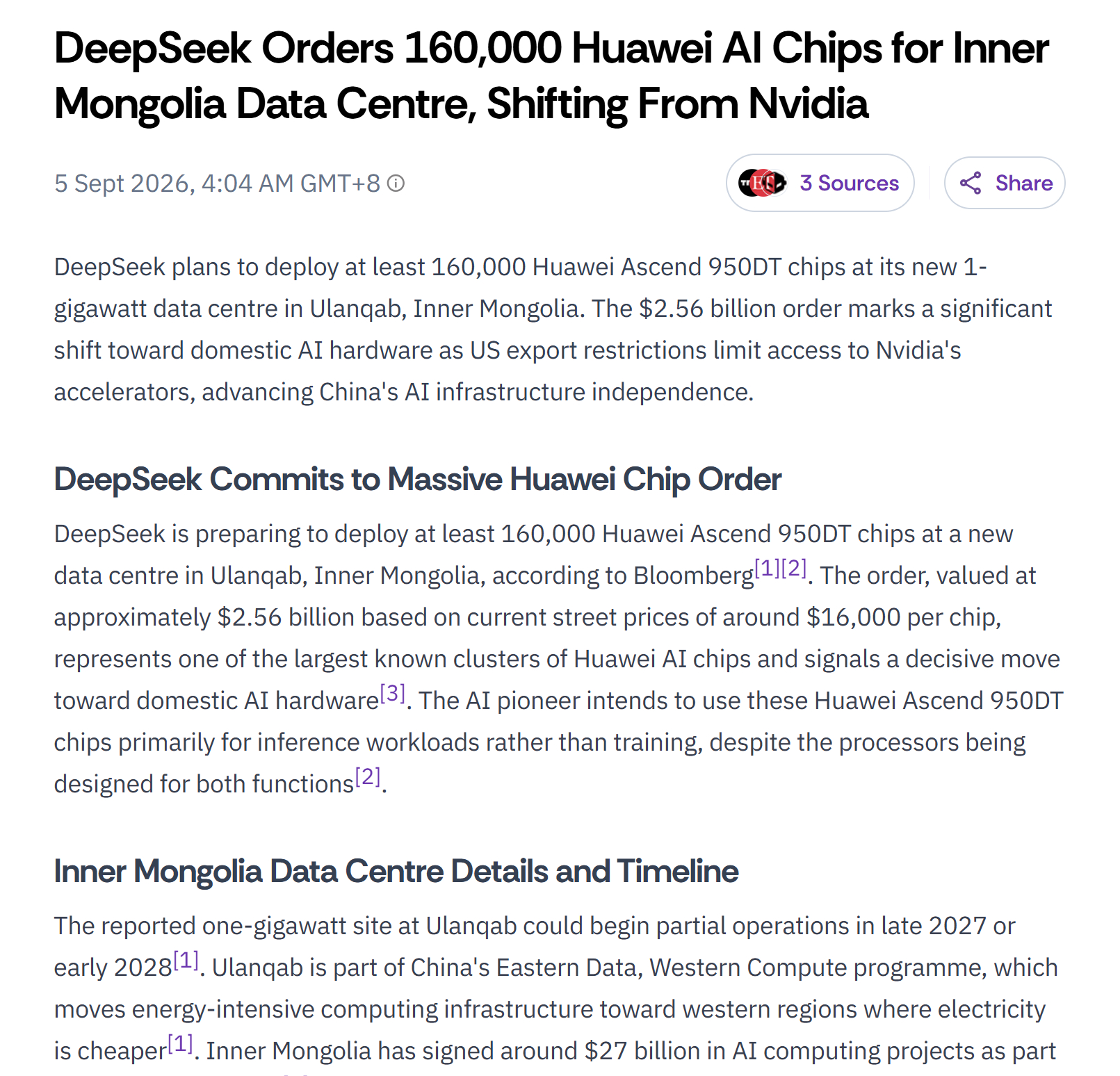 彭博曝DeepSeek向华为订16万颗芯片 这波是「在一起，才是中国AI」了彭博