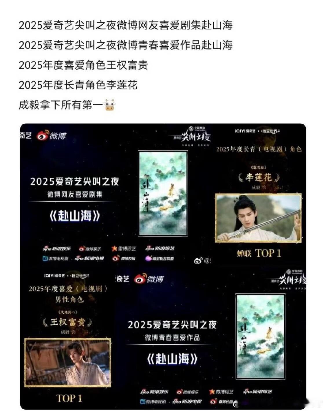 成毅赴山海人气断层成毅的年度TOP！1️⃣2025网友喜爱剧集《赴山海》2️⃣2