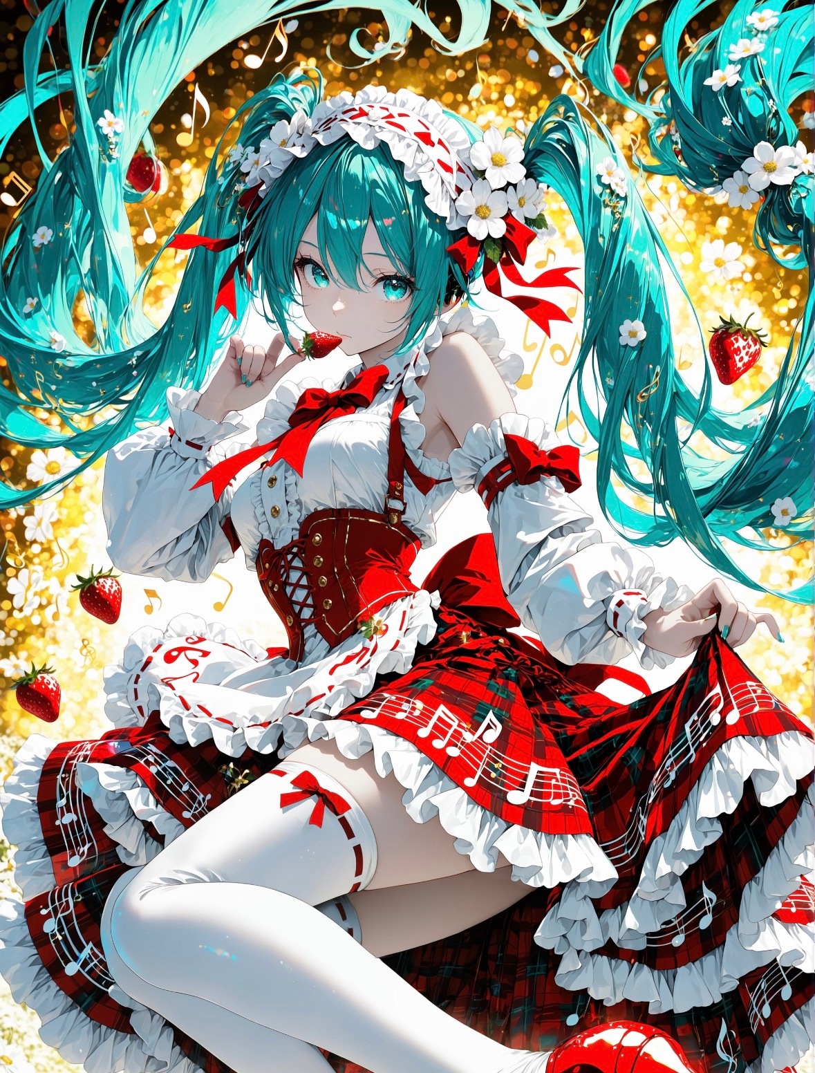 🍓草莓味初音未来✨洛丽塔甜妹暴击！金色光斑+漂浮音符+满屏小雏菊，氛围感直接拉