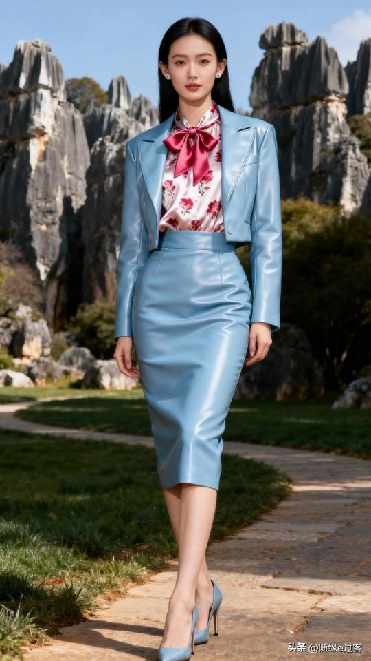 优雅蓝皮裙套装搭配粉色衬衣蝴蝶结，漫步在山林间，尽显时尚与自然之美。皮裙 西装套