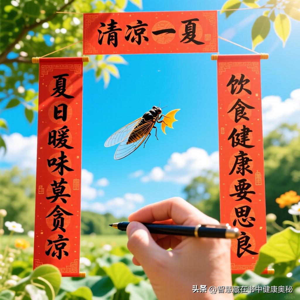 上联：夏日暖味莫贪凉    下联：饮食健康要思良。

酷暑炎炎，蝉鸣噪耳，在这热