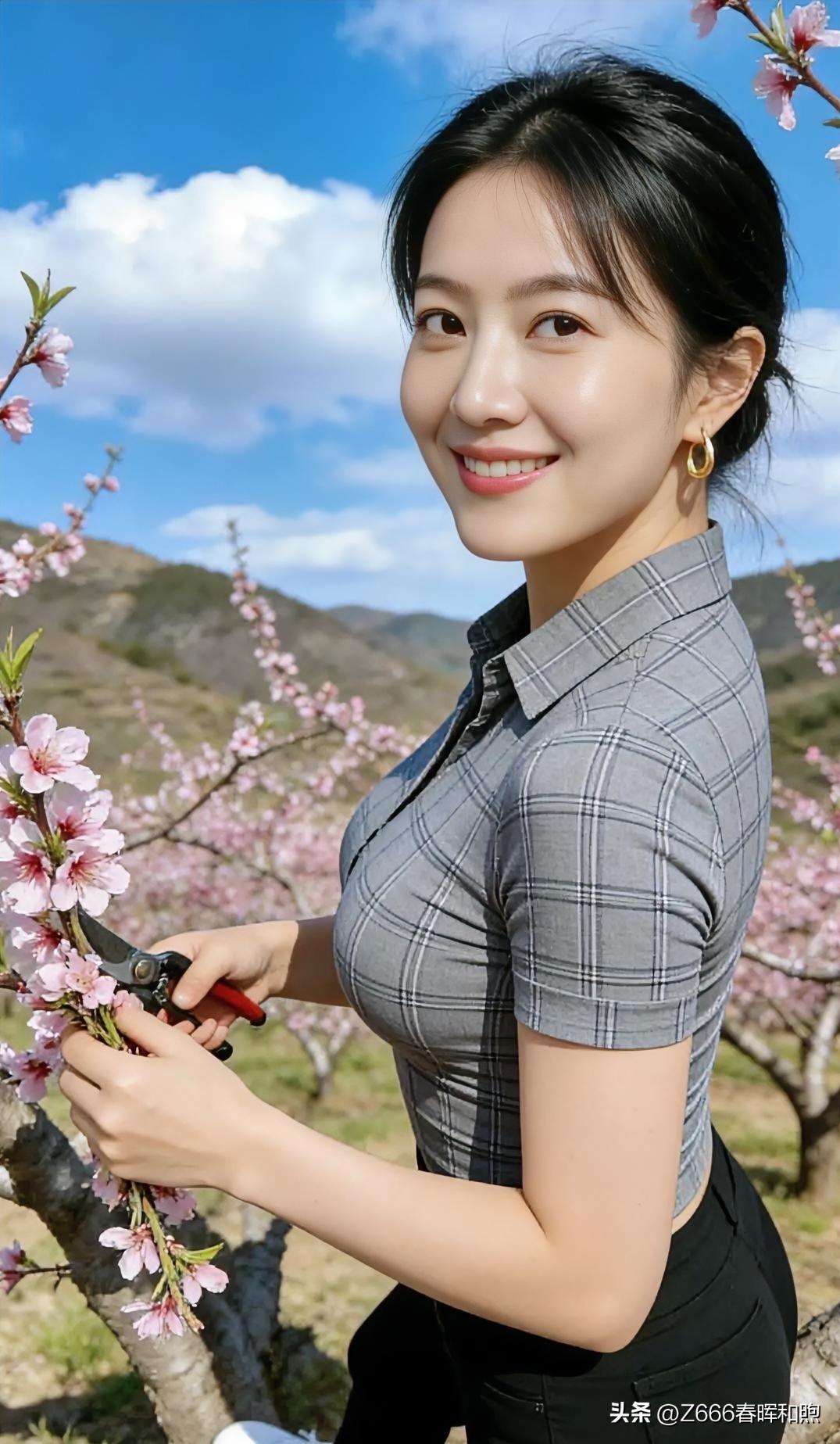灰格衫配黑裤，于花海中修剪春日浪漫，笑容明媚，自信从容。