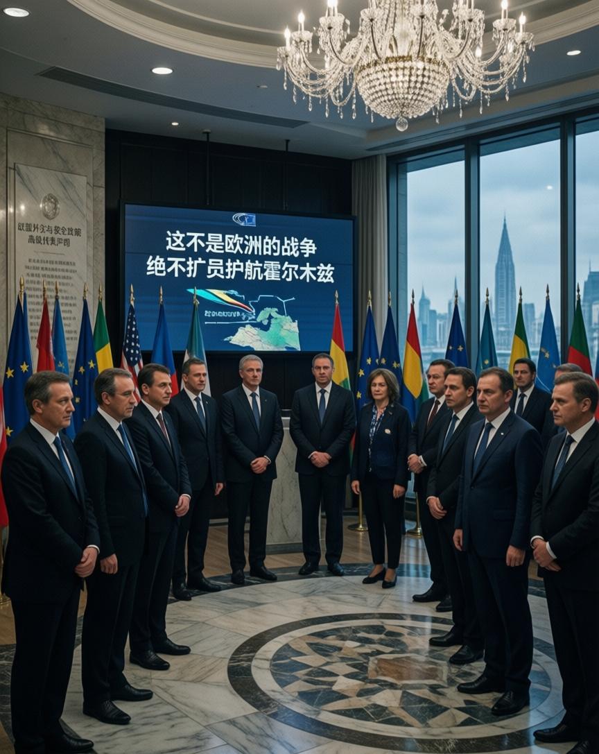 这事算是摊牌了。欧盟外长会刚开完，27国给了一个挺干脆的答复：霍尔木兹海峡的浑水