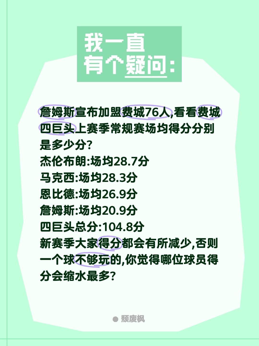 詹姆斯宣布加盟费城76人,看看费城四巨头上赛季常规赛场均得分分别是多少分?
杰伦