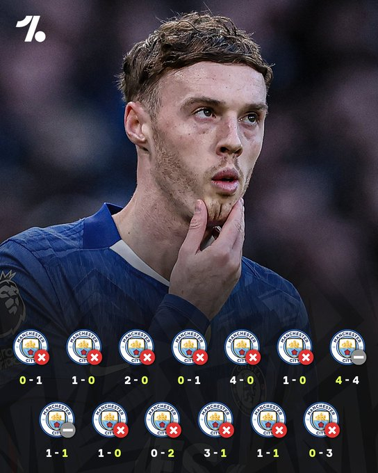 切尔西现在在过去13场对阵曼城的比赛中保持不胜，涵盖所有赛事 😮❌他们上次击败