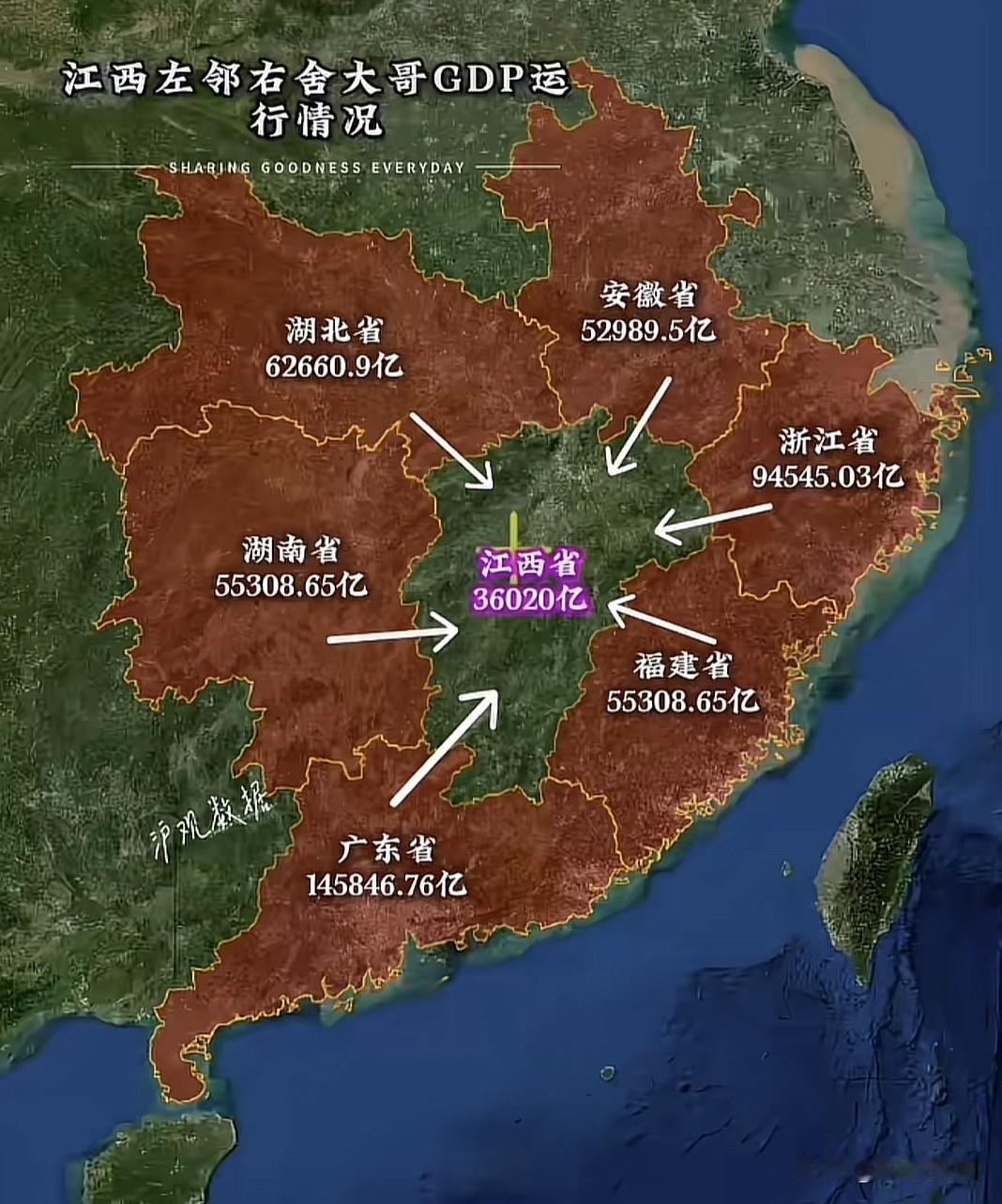 江西省周边省的实力情况：广东省妥妥的老大！

江西省周边有6个省份，分别是广东省