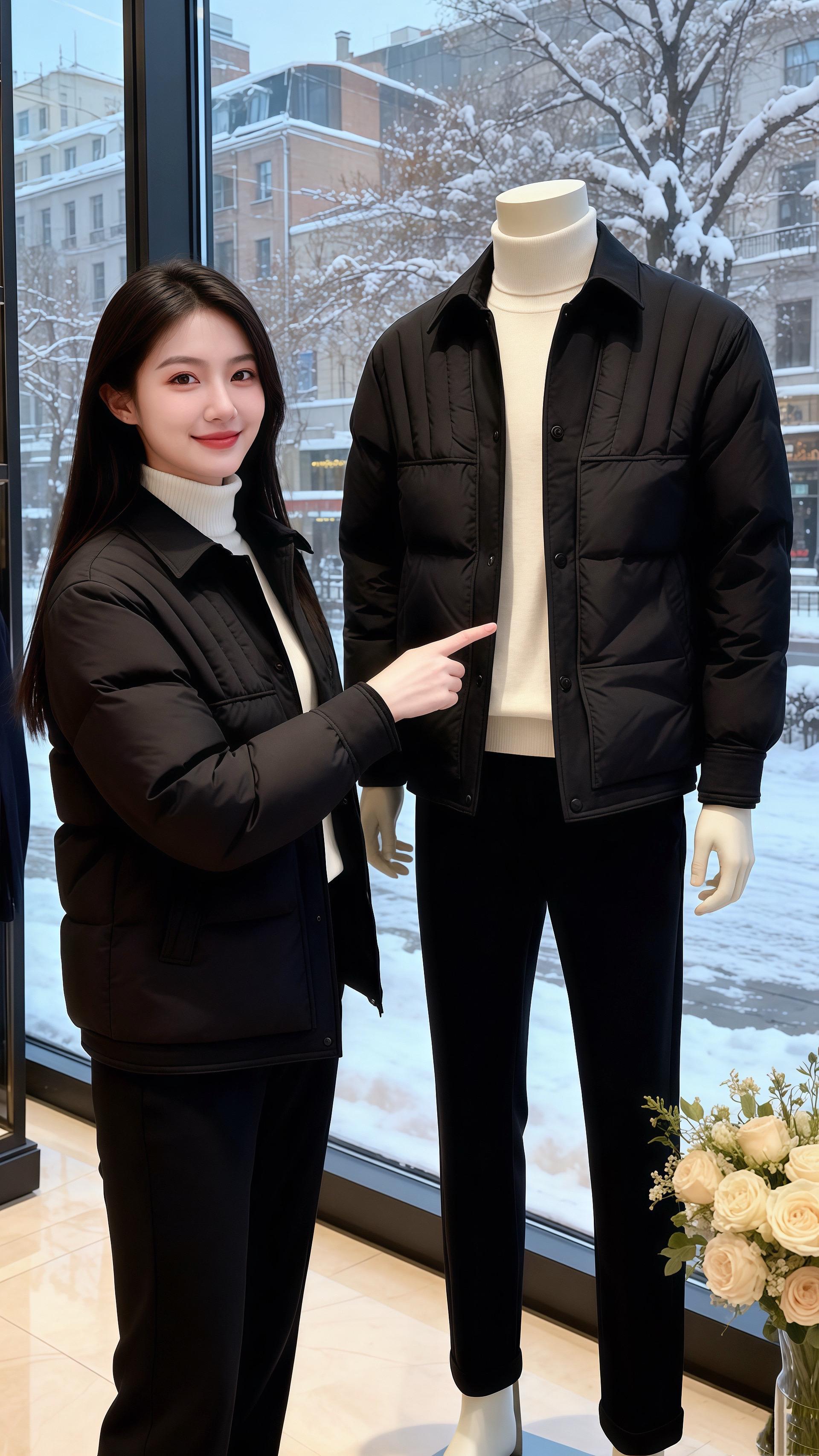 雪粒敲着橱窗时，我在男装店撞见她——黑色棉服的翻领衬得肩线软而舒展，米...