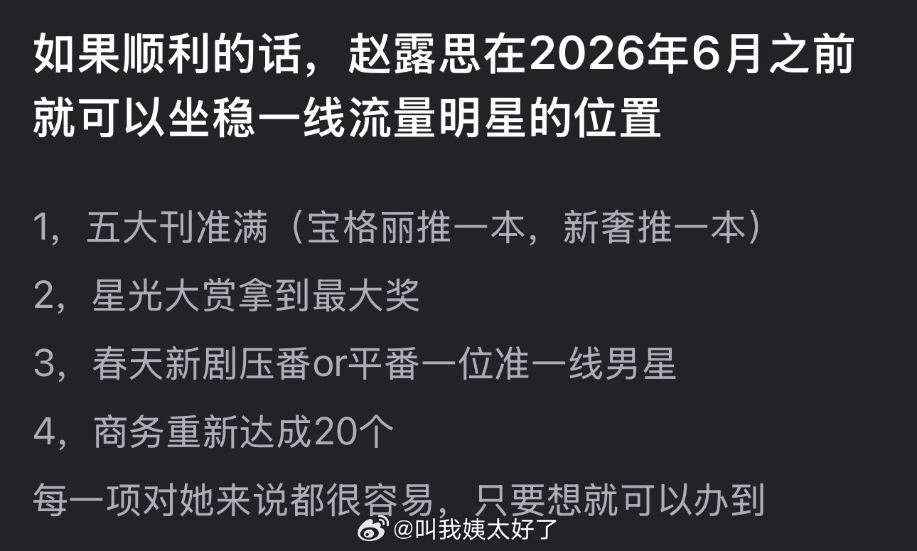 有网友说赵露思在2026年6月之前就可以坐稳一线流量明星的位置，大家认同吗？ 