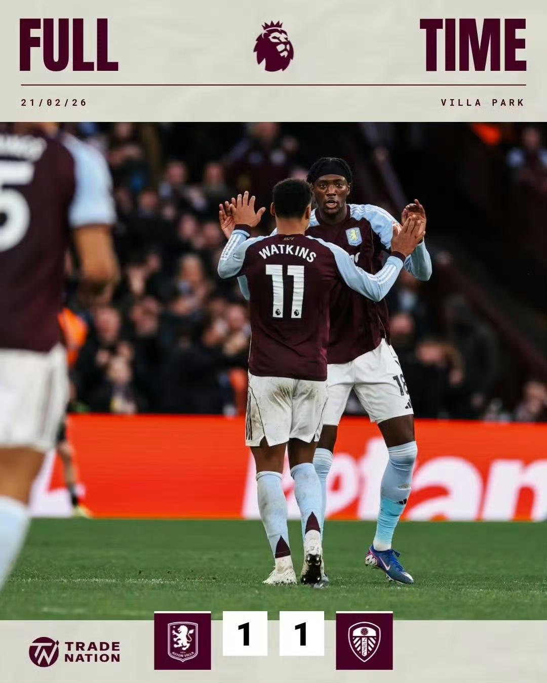 维拉再次点刹车，艰难战平利兹联。维拉现在稳居第三，领先第6的利物浦9分，从目前积