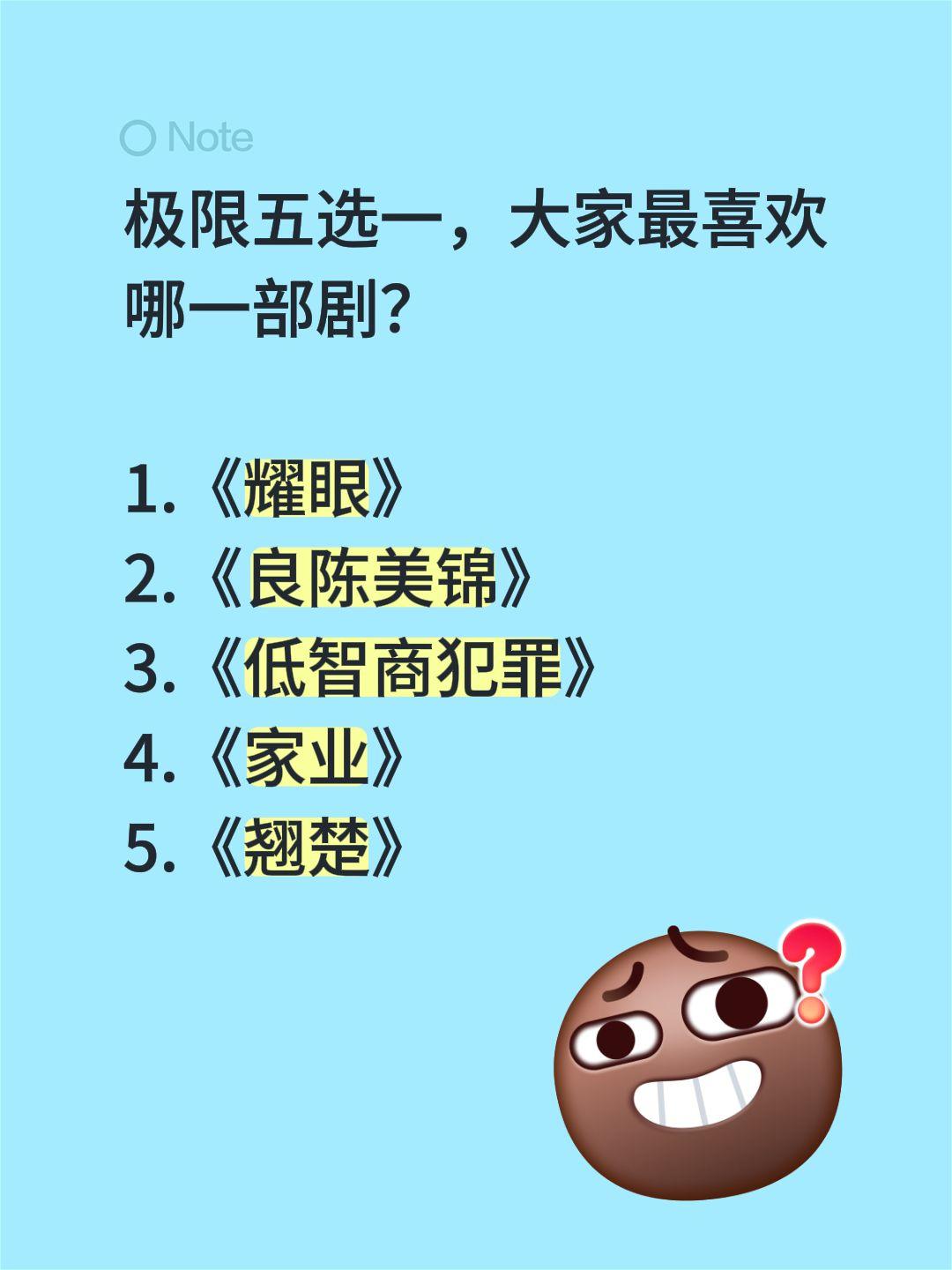 极限五选一，大家最喜欢哪一部剧？

1.《耀眼》
2.《良陈美锦》
3.《低智商