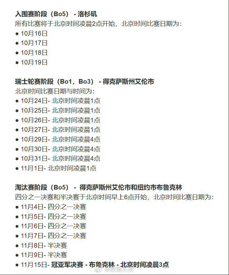 S16瑞士轮赛程照顾LPL观众，时差逻辑：S16在美国洛杉矶、得州、纽约三城举办