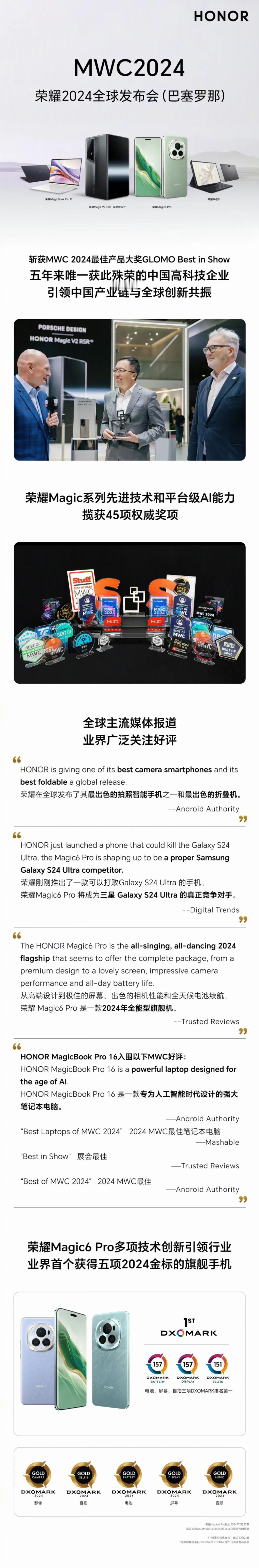 耀耀领先，魔法科技，大展风采。
荣耀在MWC2024上，斩获了含金量最高的最佳产