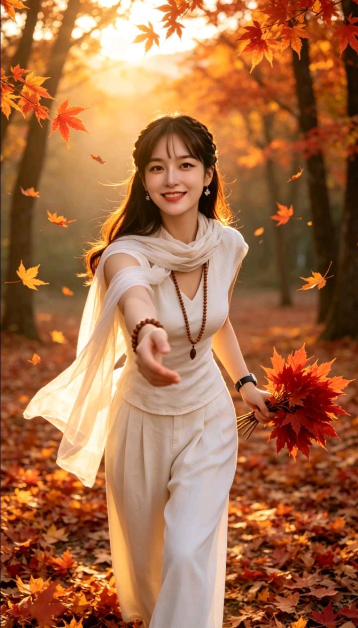 秋天的森林里，一个女孩微笑着伸出手。林间漫步女孩 秋日森林拍照 森林氛围感少女