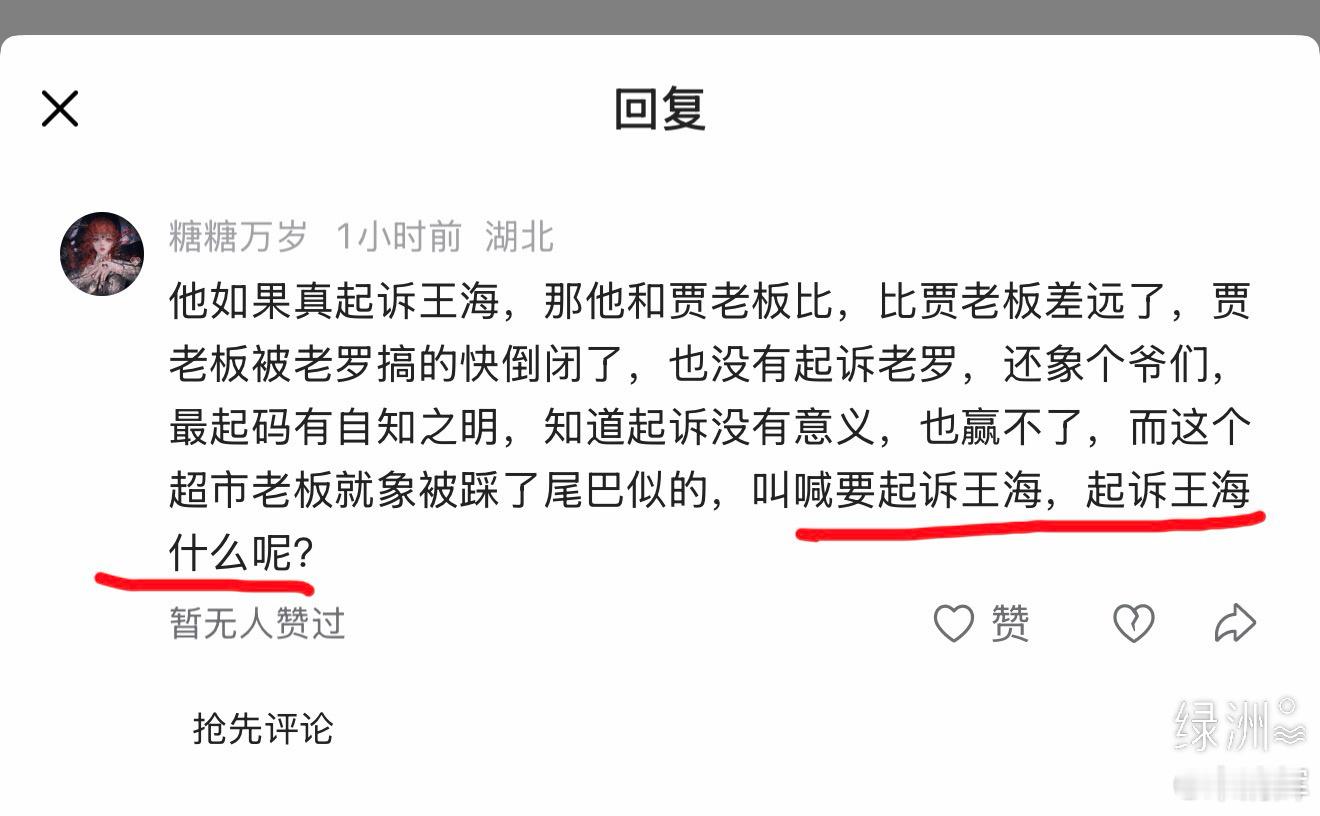 湖北网友留言  他如果真起诉王海，那他和贾老板比，比贾老板差远了，贾老板被老罗搞