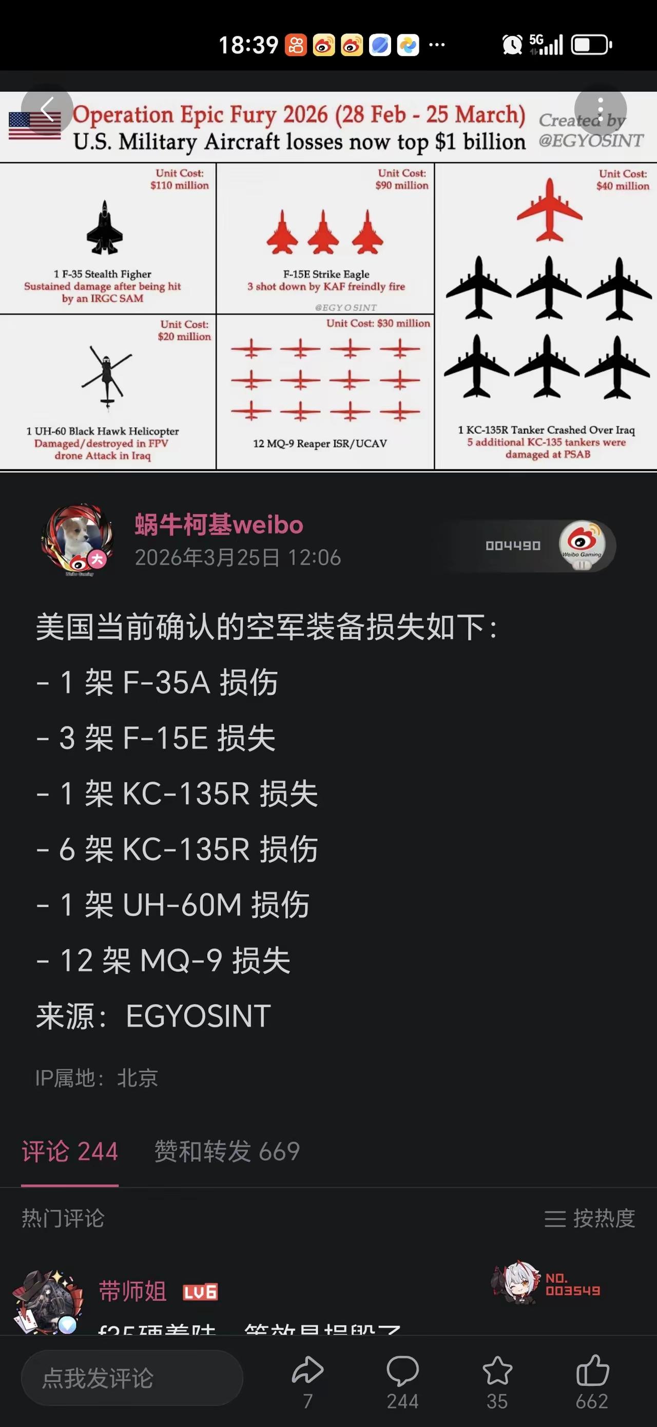 还有F18呢？哦，这是美军自己承认的数据，那没事了。
这才开战多久，就这么多损失
