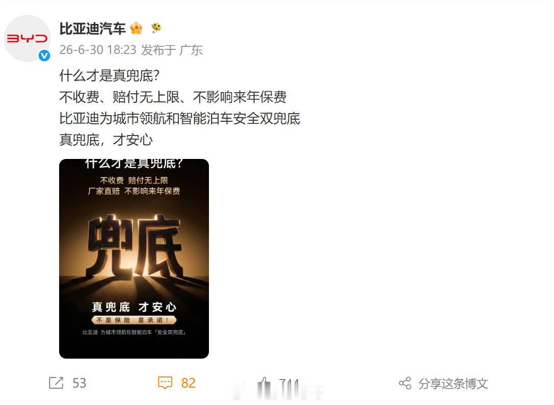 比亚迪回应智驾真兜底细节我给大家翻译一下什么叫“真兜底”——不收费、赔付无上限、