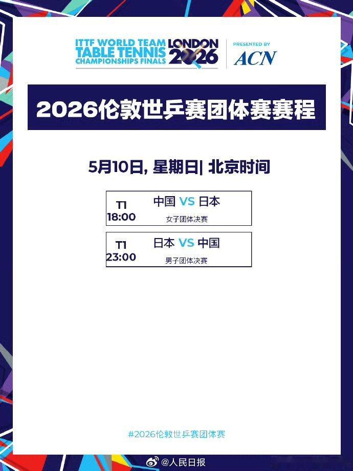 【今晚国乒女团男团决赛】2026伦敦团体世乒赛，今天将先后进行女团、男团决赛：1