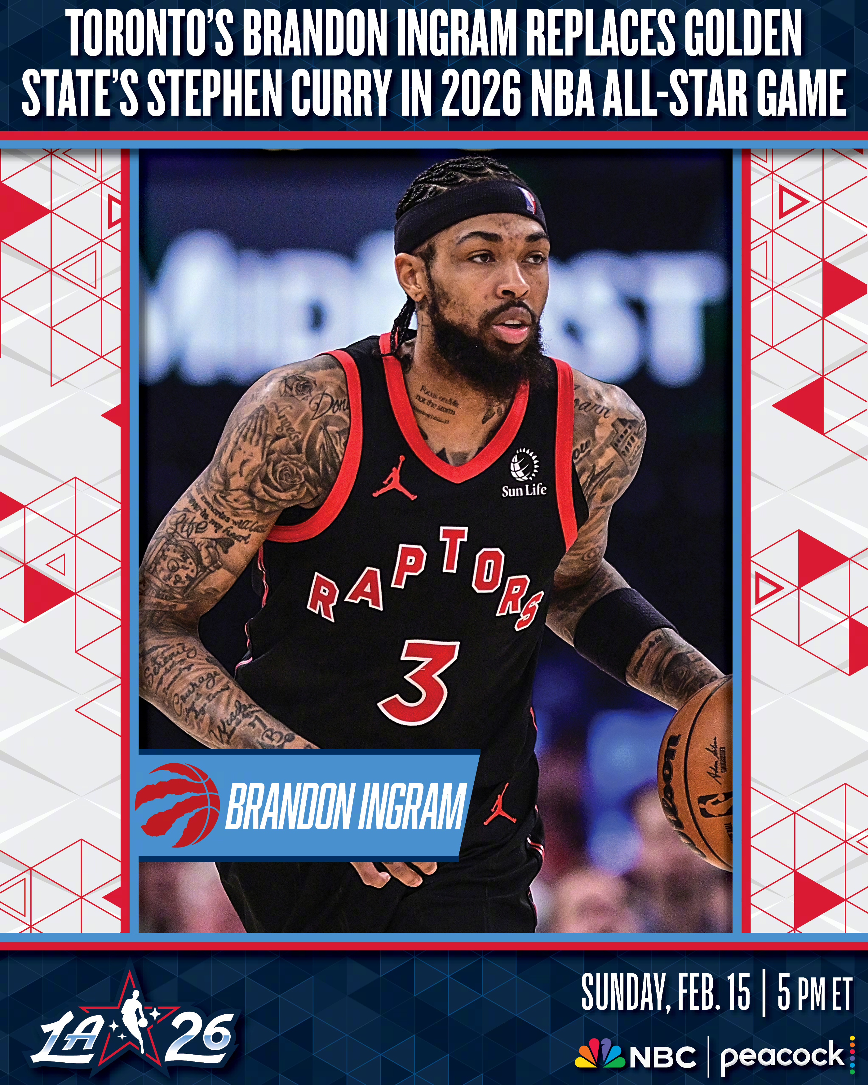 萧华指定猛龙球星英格拉姆递补受伤的库里，代表美国条纹队出战本届全明星！ 