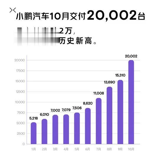 作为新势力品牌，小鹏汽车在10月份交付量终于突破2万大关，具体数据为20,002