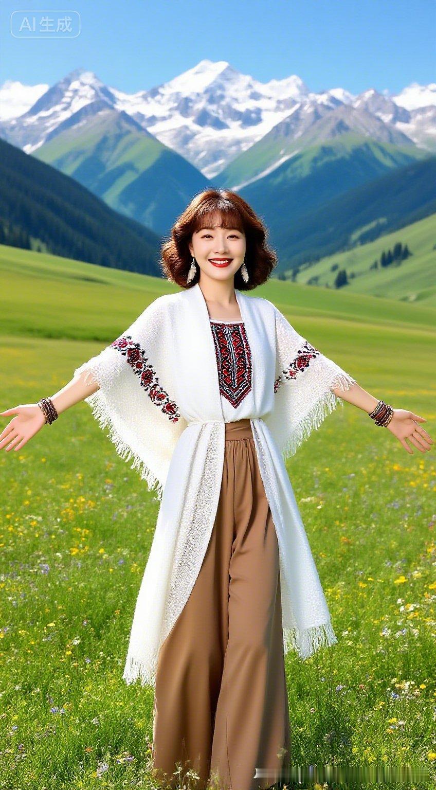 镜头定格那拉提草原，雪山连绵、野花遍野，棕卷短发女子身着乳白针织长袍，披刺绣披肩