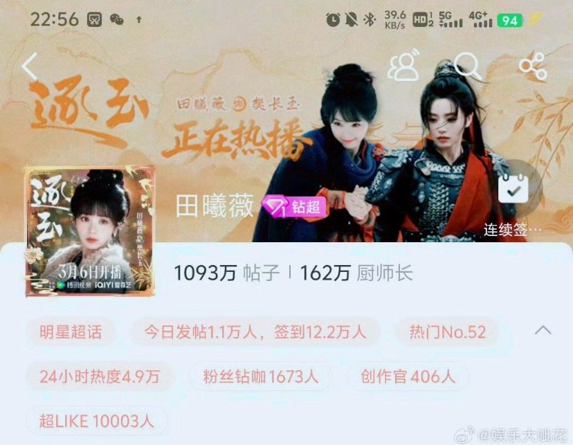 田曦薇有效播剧超like破万刷到超like破万的消息真的好感慨，从《逐玉》开播就