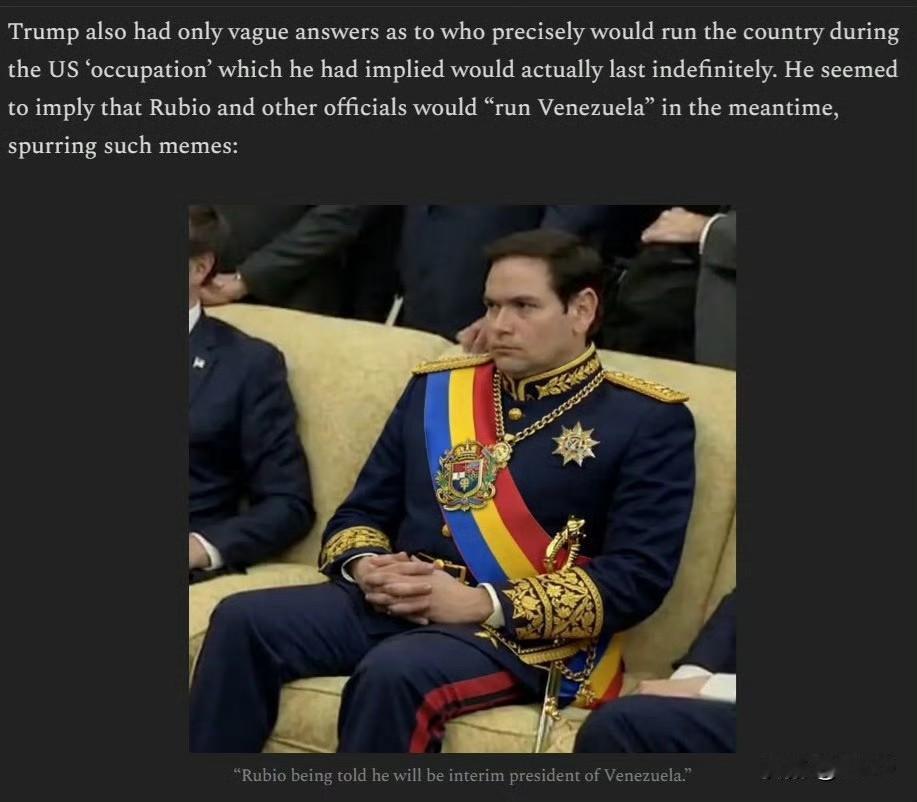 由于特朗普昨天暗示“马可如今掌管委内瑞拉”，外国网友开始传播古巴仔鲁比奥的梗图。