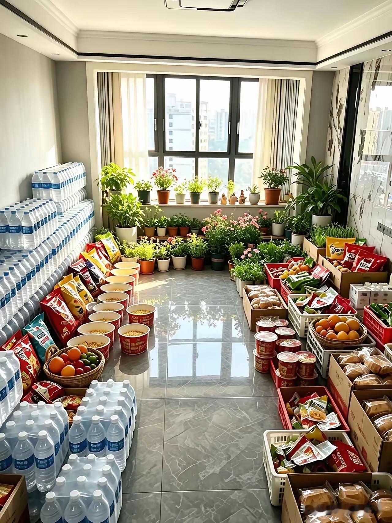 台风天气备这么多食物，现在退货又退不掉，不知道这家人后悔了没有[捂脸]