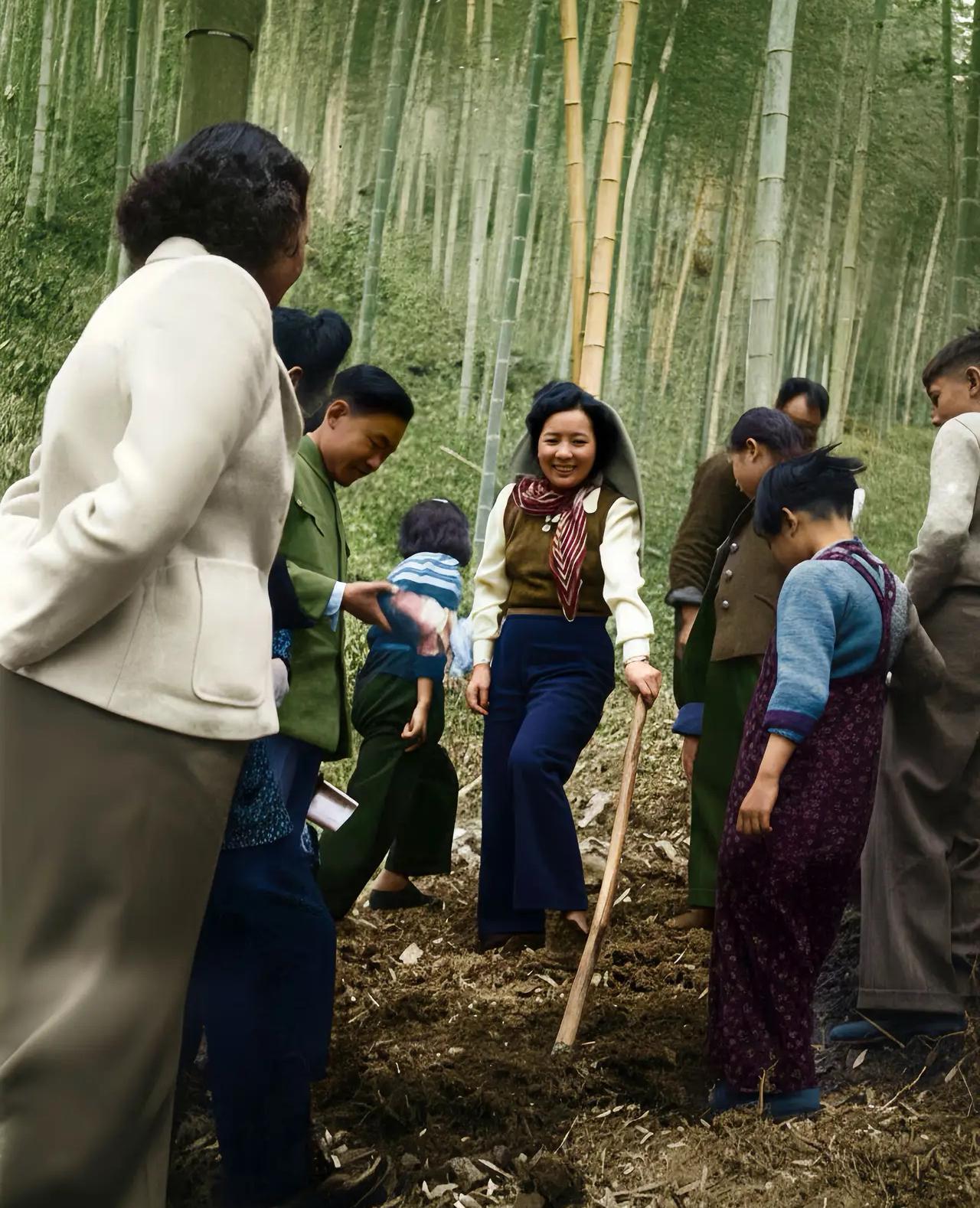1949年，宋美龄在奉化溪口山上挖竹笋时的留影，整体来看就是特意的摆拍，一个是带