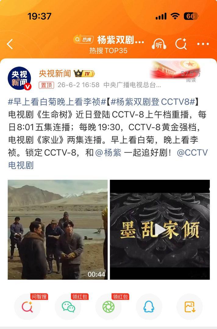 杨紫双剧登CCTV8反正早上看生命树杨紫白菊，晚上看家业杨紫李祯 