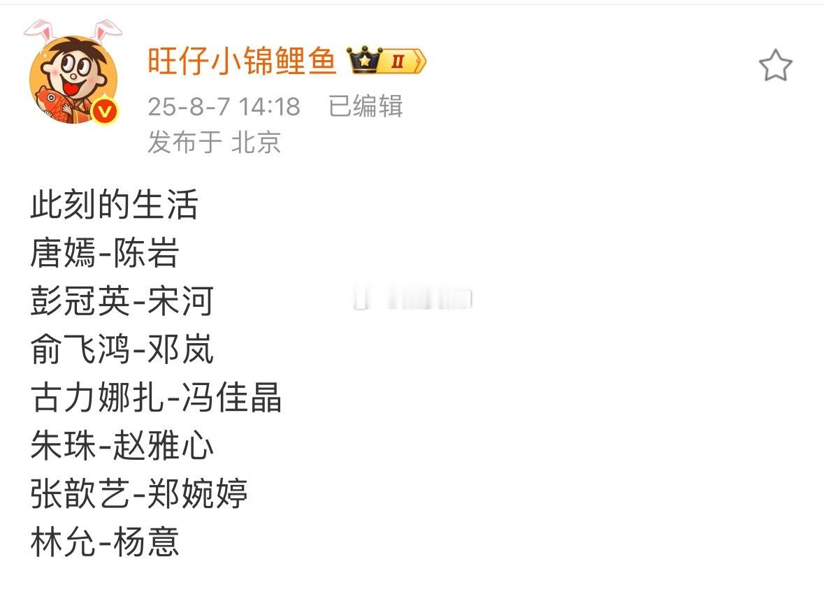 此刻的生活阵容唐嫣，彭冠英，俞飞鸿，娜扎，朱珠，张歆艺，林允这个阵容在都市剧里算