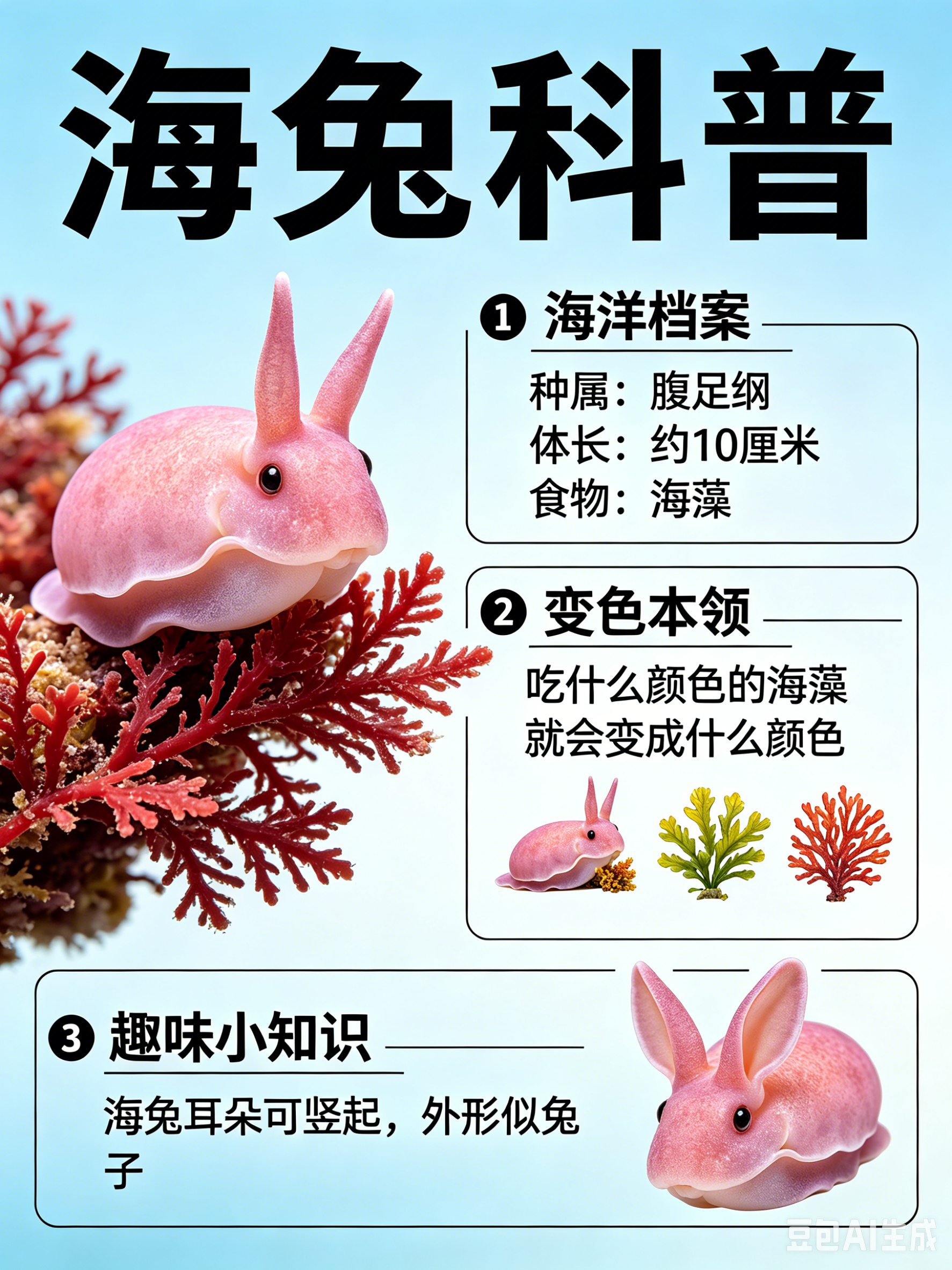 海洋朋友圈 海兔海洋档案种　属：腹足纲体　长：约10厘米食　物：海藻神秘的大海中