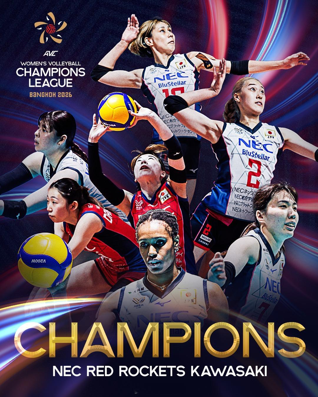 【日本川崎NEC红色火箭荣膺2026女排亚冠 冠军】刚刚结束的决赛，日本川崎NE