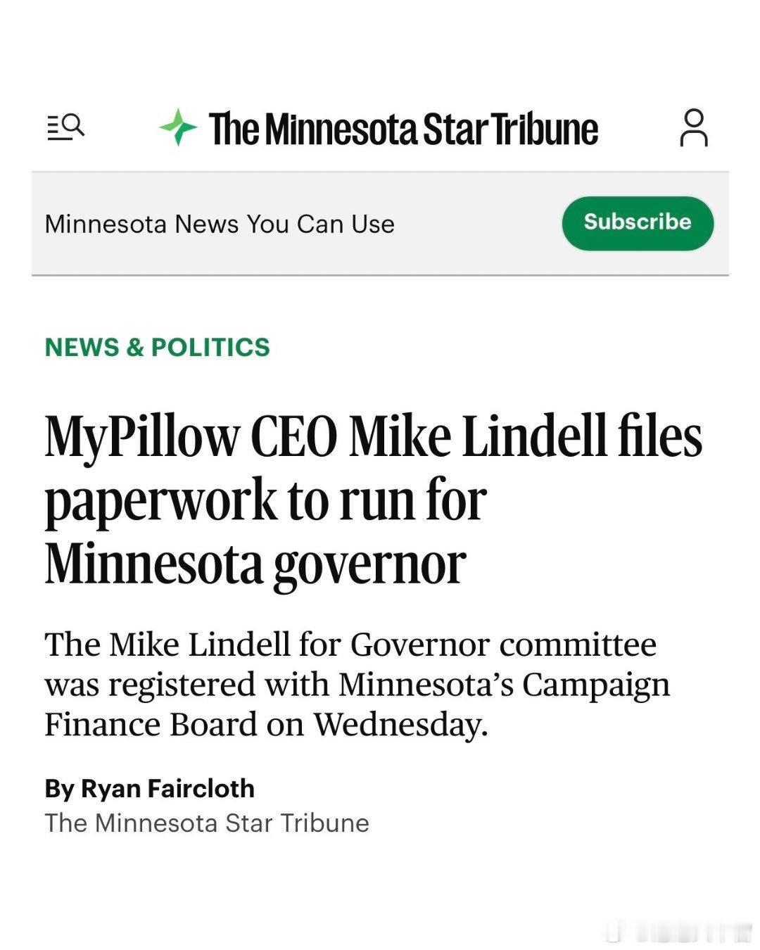 “枕头哥”迈克·林德尔（Mike Lindell）已提交申请，将竞选明尼苏达州州