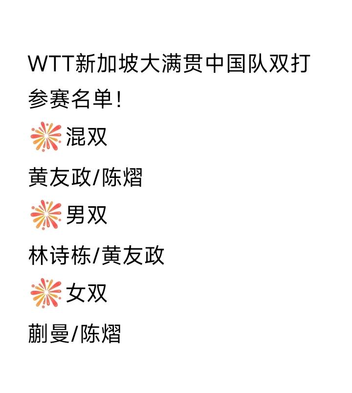 先睹为快！
WTT新加坡大满贯中国队双打参赛名单发布！
混双项目上国乒破天荒派出