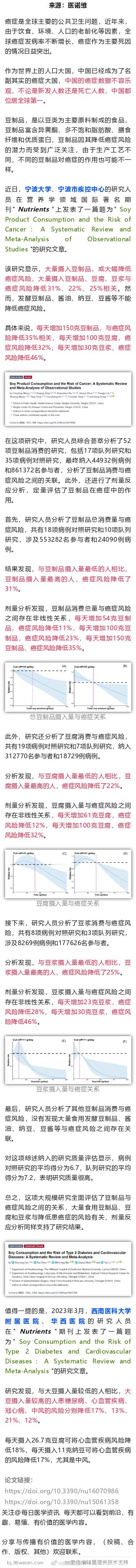 我国学者研究发现，多吃豆制品，或大幅降低癌症、心脏病、糖尿病风险近日，宁波大学、