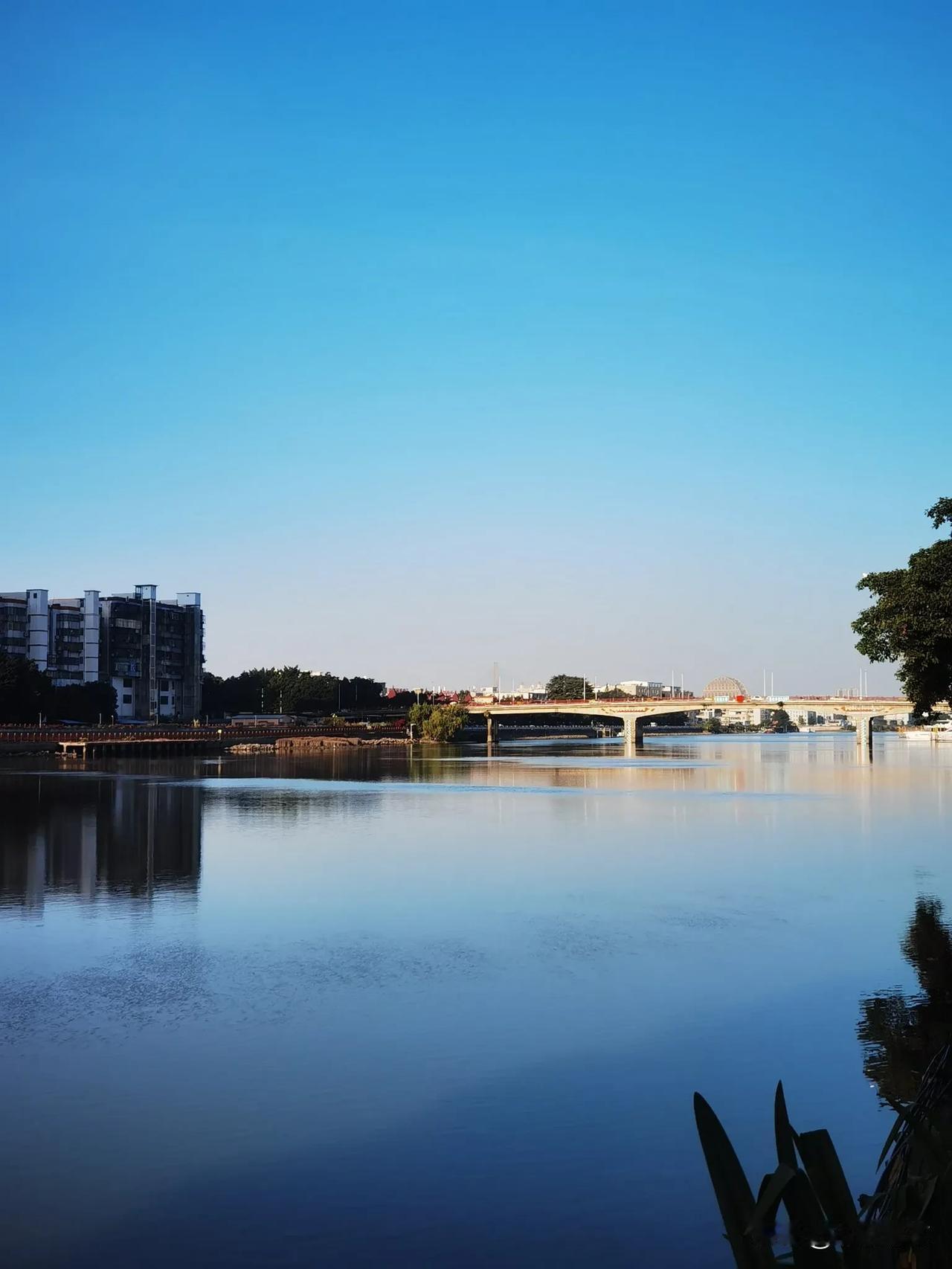 晒出几张清澈的蓝天照片蔚蓝的天空，水天一色，江水清澈见底，江畔的风景很美，广州的