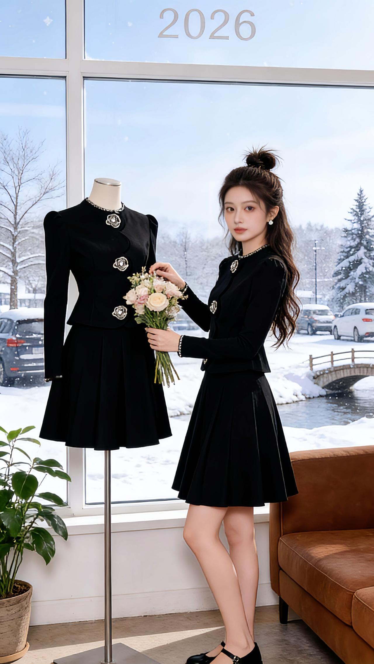 Danny在飘雪的窗边整理小香风套装模特，转身和沙发上的白狗狗贴贴，回到卧室对着