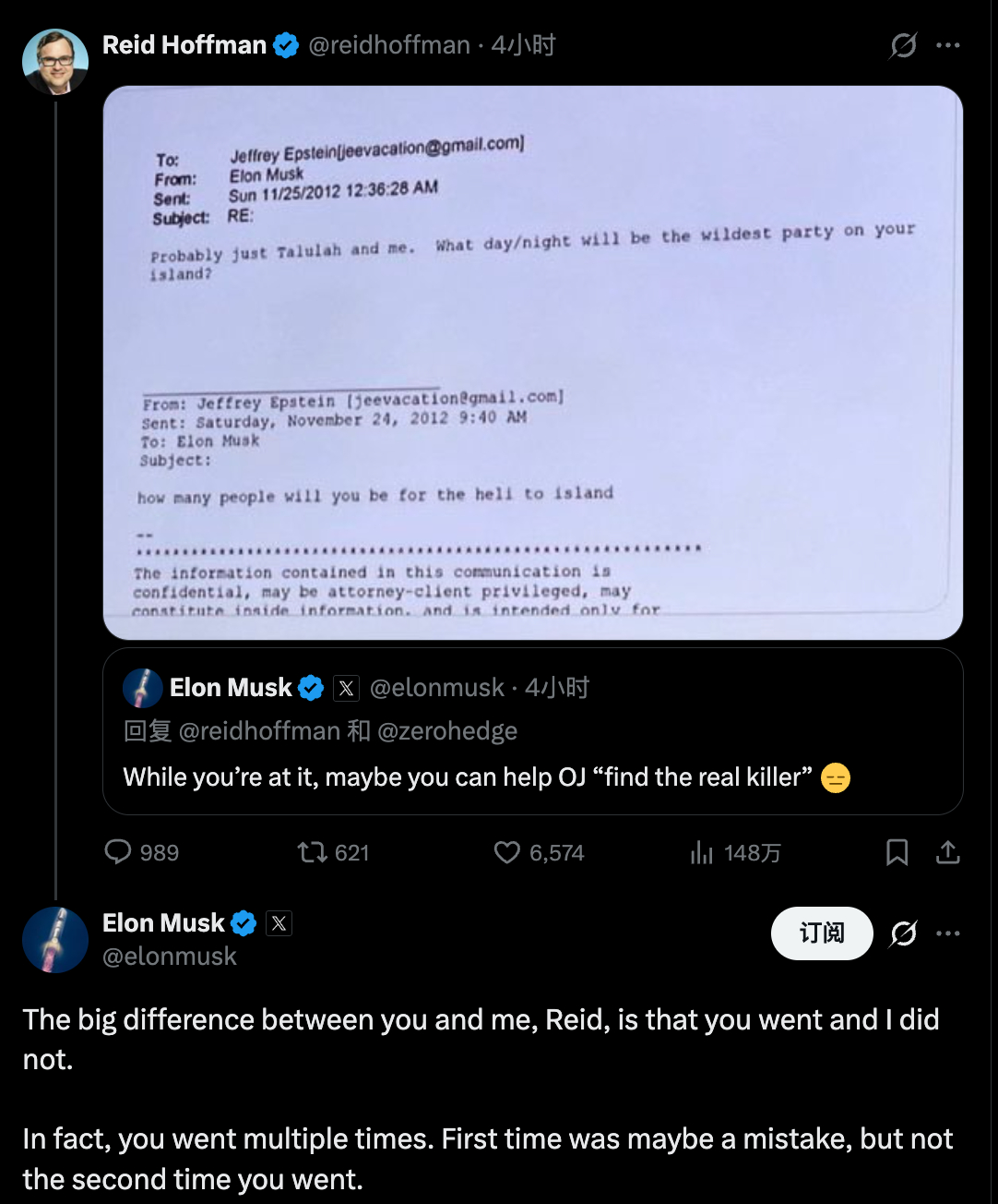 x 上，李德霍夫曼和马斯克正在互喷。。。李德霍夫曼贴了马斯克想要去萝莉岛放松的邮