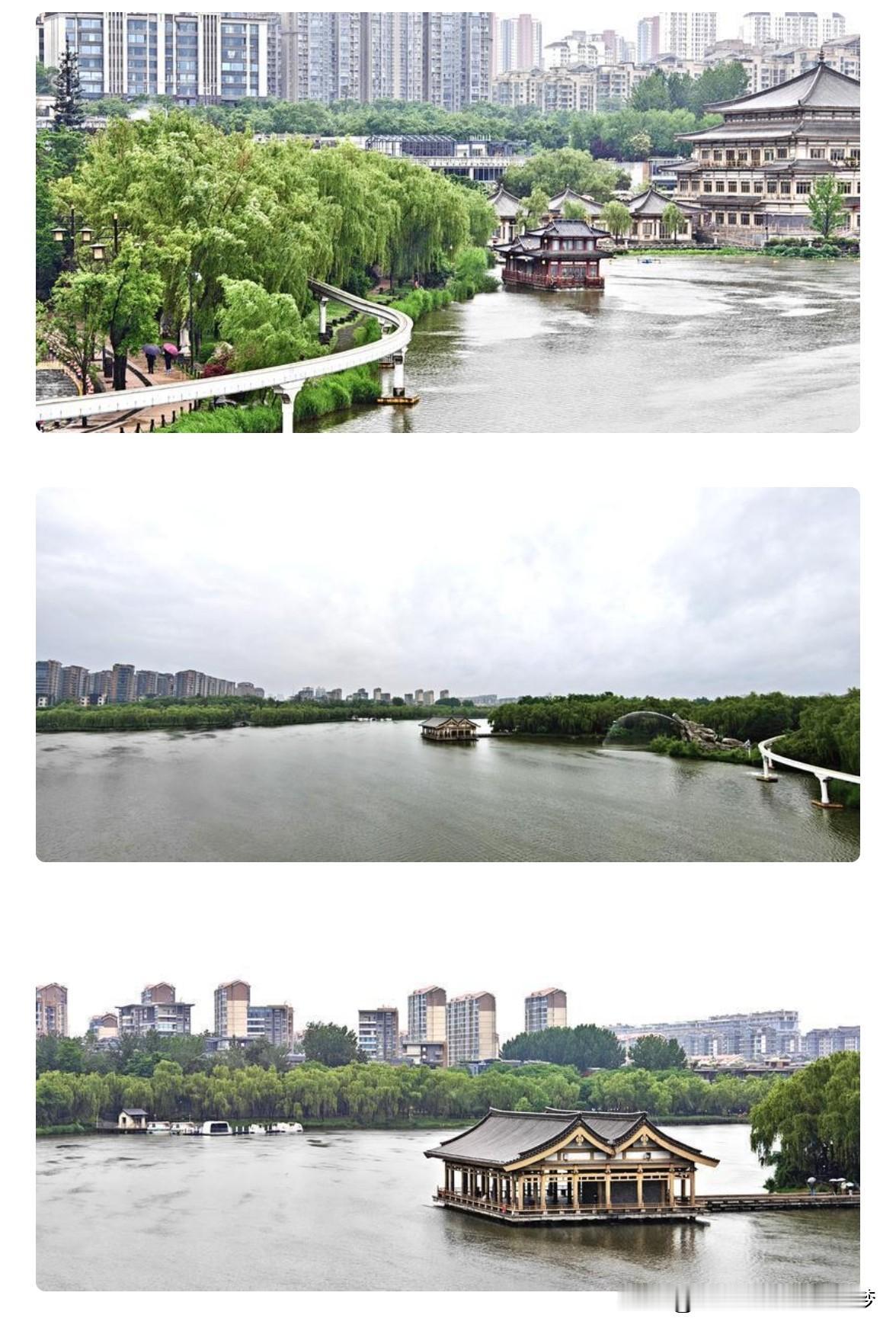 雨落长安 风景如画。5月17日，雨中的西安曲江池遗址公园风景如画。远远望去，湖面