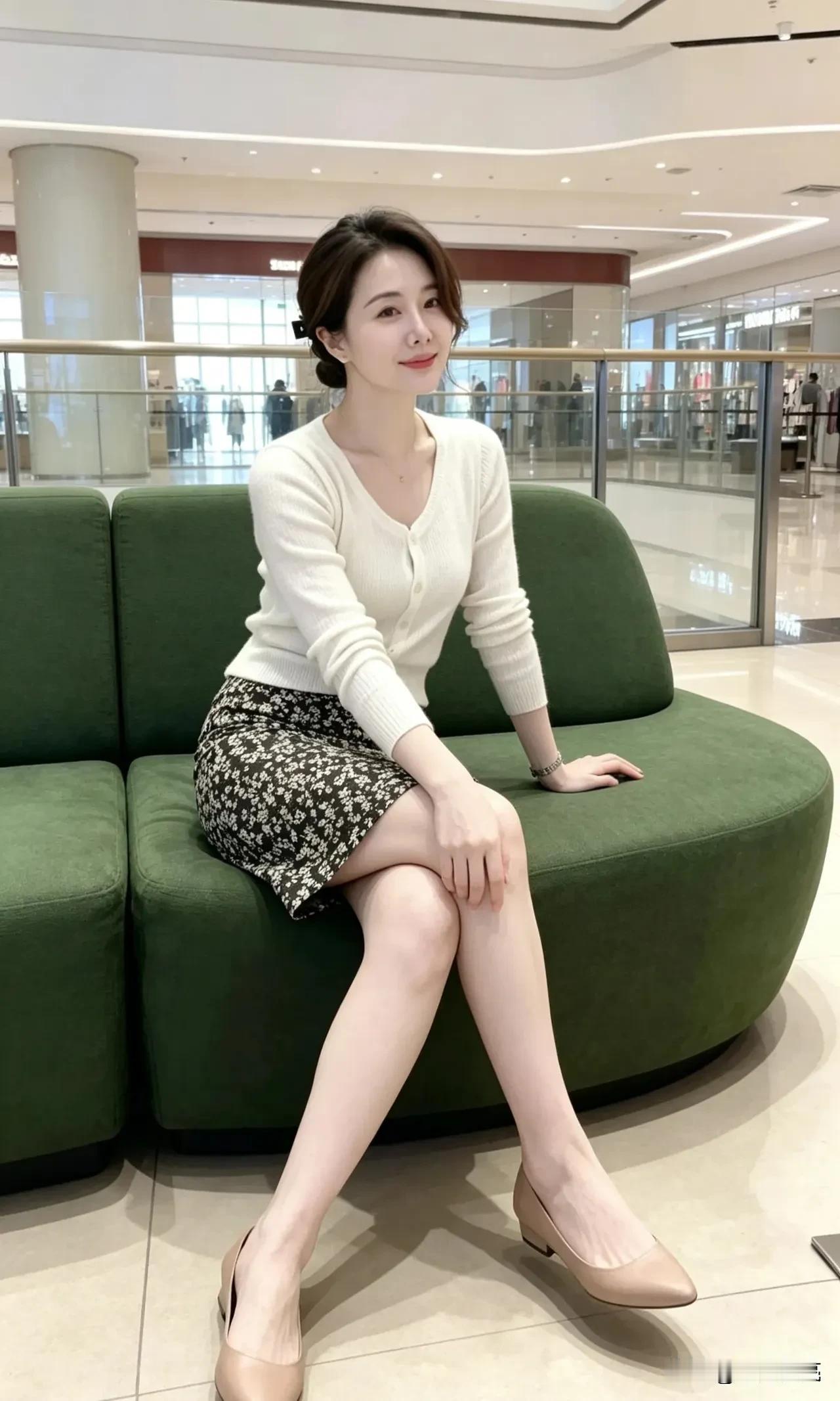 女士优雅坐在商场的长椅上。