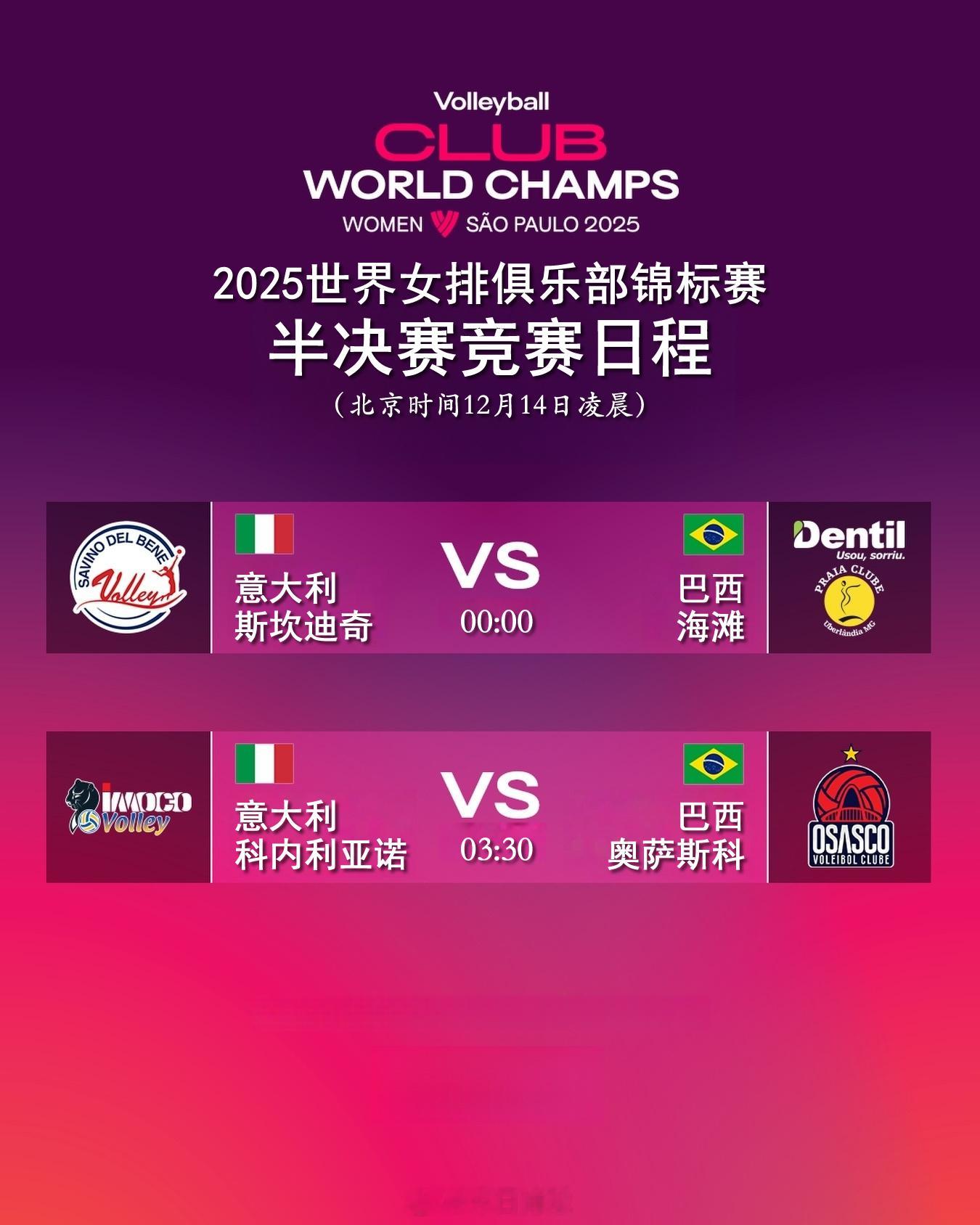 2025女排世俱赛 今天（13日）半决赛的竞赛日程（北京时间）：+1 00:00