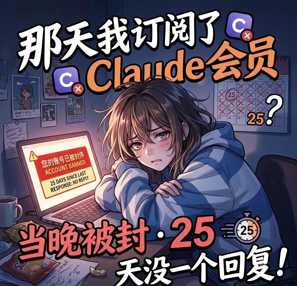 Claude当晚被封 25天没一个回复!。那天我刚订阅了 Claude 会员。 